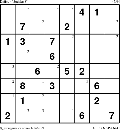 The grouppuzzles.com Difficult Sudoku-8 puzzle for Thursday January 14, 2021 with the first 3 steps marked