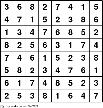 The grouppuzzles.com Answer grid for the Sudoku-8 puzzle for Thursday January 14, 2021