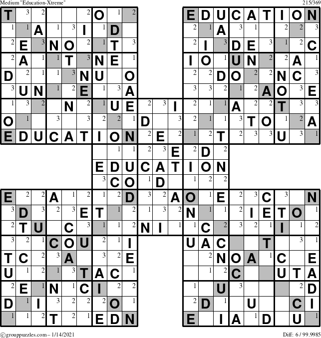 The grouppuzzles.com Medium Education-Xtreme puzzle for Thursday January 14, 2021 with the first 3 steps marked