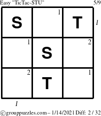 The grouppuzzles.com Easy TicTac-STU puzzle for Thursday January 14, 2021 with all 2 steps marked