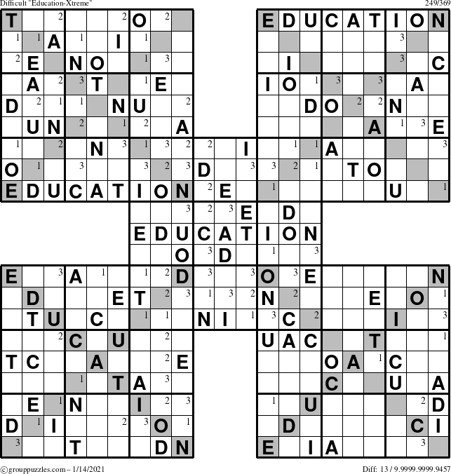 The grouppuzzles.com Difficult Education-Xtreme puzzle for Thursday January 14, 2021 with the first 3 steps marked