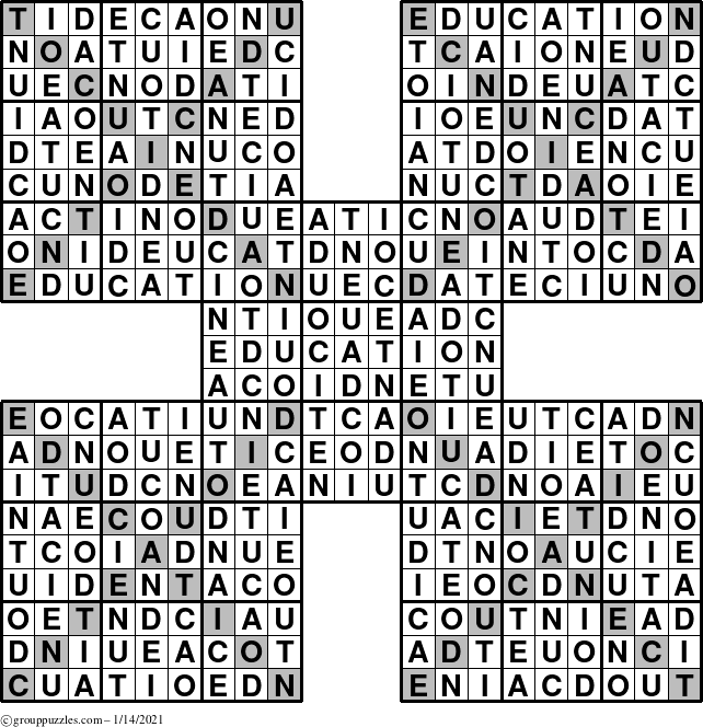 The grouppuzzles.com Answer grid for the Education-Xtreme puzzle for Thursday January 14, 2021