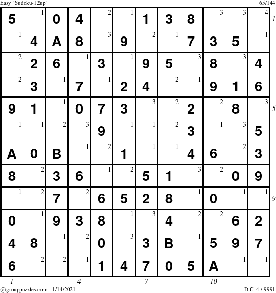 The grouppuzzles.com Easy Sudoku-12up puzzle for Thursday January 14, 2021 with all 4 steps marked