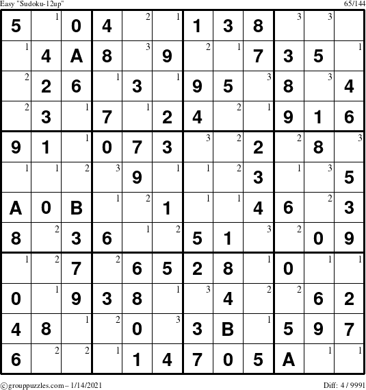 The grouppuzzles.com Easy Sudoku-12up puzzle for Thursday January 14, 2021 with the first 3 steps marked