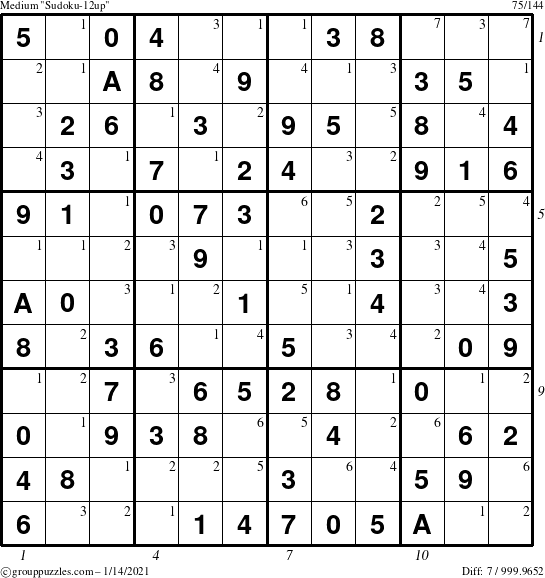 The grouppuzzles.com Medium Sudoku-12up puzzle for Thursday January 14, 2021 with all 7 steps marked