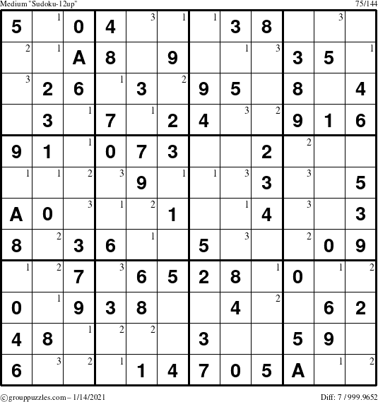 The grouppuzzles.com Medium Sudoku-12up puzzle for Thursday January 14, 2021 with the first 3 steps marked