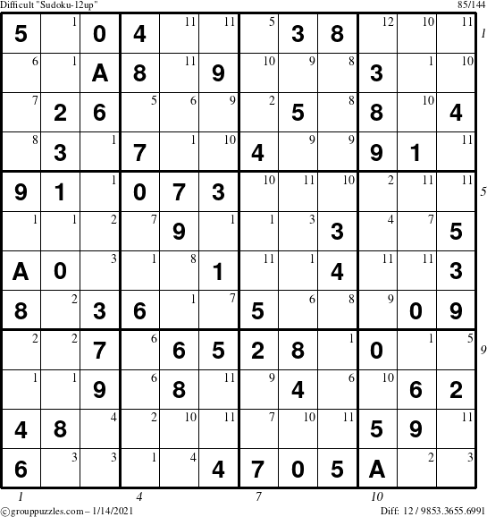 The grouppuzzles.com Difficult Sudoku-12up puzzle for Thursday January 14, 2021 with all 12 steps marked