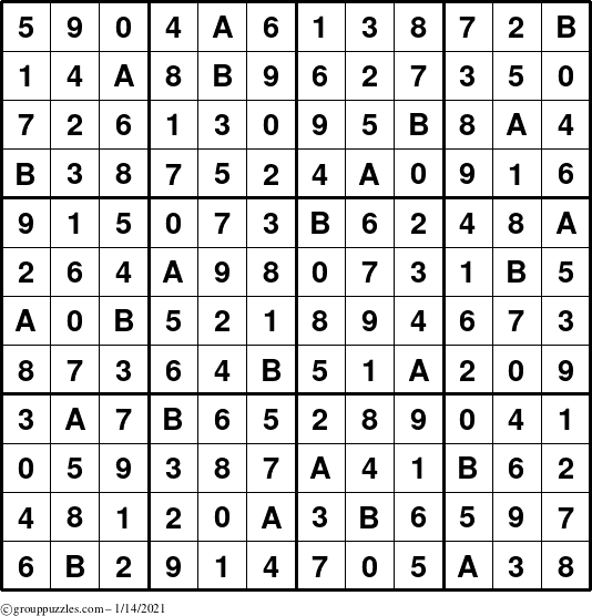 The grouppuzzles.com Answer grid for the Sudoku-12up puzzle for Thursday January 14, 2021