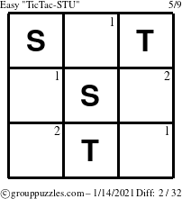 The grouppuzzles.com Easy TicTac-STU puzzle for Thursday January 14, 2021 with the first 2 steps marked