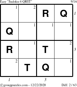 The grouppuzzles.com Easy Sudoku-4-QRST puzzle for Tuesday December 22, 2020, suitable for printing, with all 2 steps marked