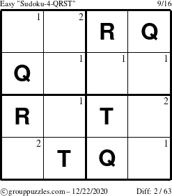 The grouppuzzles.com Easy Sudoku-4-QRST puzzle for Tuesday December 22, 2020 with the first 2 steps marked