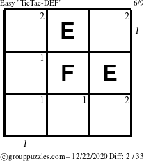 The grouppuzzles.com Easy TicTac-DEF puzzle for Tuesday December 22, 2020 with all 2 steps marked