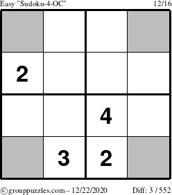 The grouppuzzles.com Easy Sudoku-4-OC puzzle for Tuesday December 22, 2020