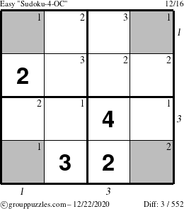 The grouppuzzles.com Easy Sudoku-4-OC puzzle for Tuesday December 22, 2020 with all 3 steps marked