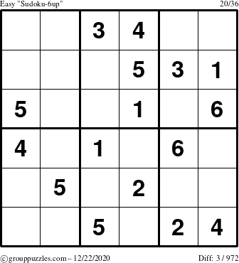 The grouppuzzles.com Easy Sudoku-6up puzzle for Tuesday December 22, 2020