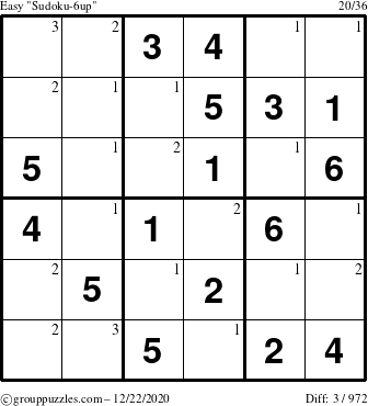 The grouppuzzles.com Easy Sudoku-6up puzzle for Tuesday December 22, 2020 with the first 3 steps marked