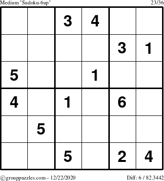 The grouppuzzles.com Medium Sudoku-6up puzzle for Tuesday December 22, 2020