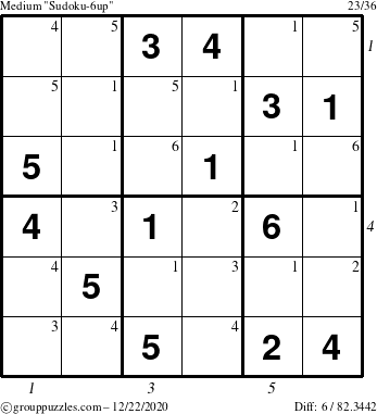 The grouppuzzles.com Medium Sudoku-6up puzzle for Tuesday December 22, 2020 with all 6 steps marked