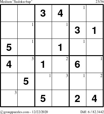 The grouppuzzles.com Medium Sudoku-6up puzzle for Tuesday December 22, 2020 with the first 3 steps marked