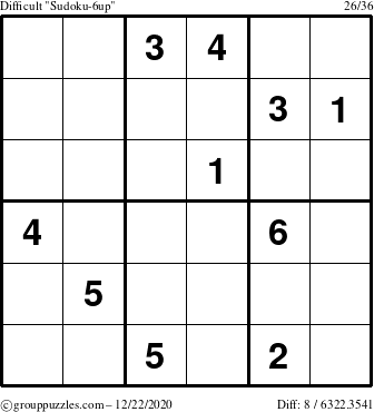 The grouppuzzles.com Difficult Sudoku-6up puzzle for Tuesday December 22, 2020