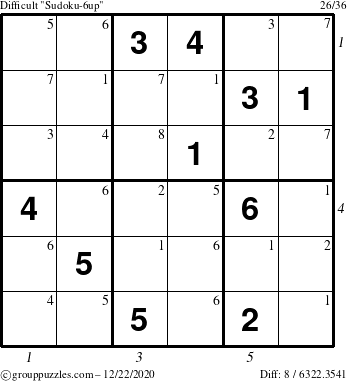 The grouppuzzles.com Difficult Sudoku-6up puzzle for Tuesday December 22, 2020, suitable for printing, with all 8 steps marked