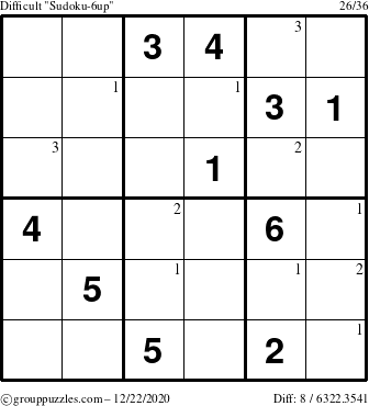 The grouppuzzles.com Difficult Sudoku-6up puzzle for Tuesday December 22, 2020 with the first 3 steps marked