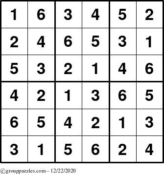 The grouppuzzles.com Answer grid for the Sudoku-6up puzzle for Tuesday December 22, 2020