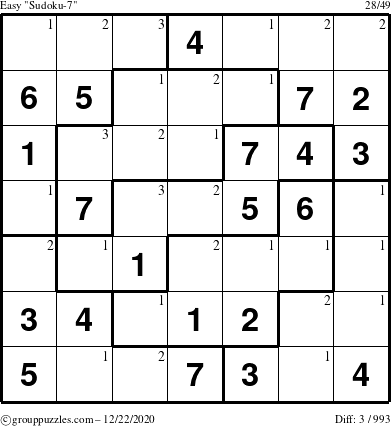The grouppuzzles.com Easy Sudoku-7 puzzle for Tuesday December 22, 2020 with the first 3 steps marked