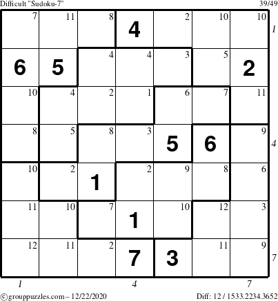 The grouppuzzles.com Difficult Sudoku-7 puzzle for Tuesday December 22, 2020 with all 12 steps marked