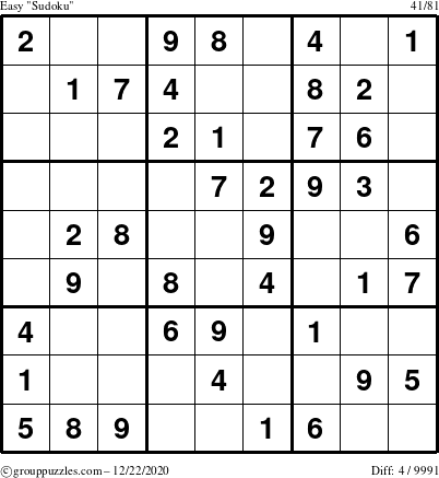 The grouppuzzles.com Easy Sudoku puzzle for Tuesday December 22, 2020