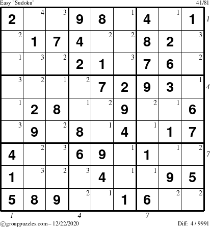 The grouppuzzles.com Easy Sudoku puzzle for Tuesday December 22, 2020, suitable for printing, with all 4 steps marked