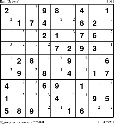 The grouppuzzles.com Easy Sudoku puzzle for Tuesday December 22, 2020 with the first 3 steps marked