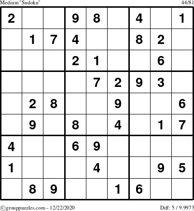 The grouppuzzles.com Medium Sudoku puzzle for Tuesday December 22, 2020