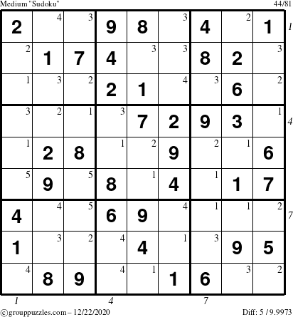 The grouppuzzles.com Medium Sudoku puzzle for Tuesday December 22, 2020 with all 5 steps marked