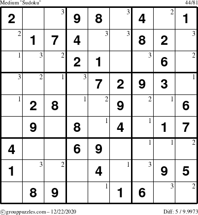 The grouppuzzles.com Medium Sudoku puzzle for Tuesday December 22, 2020 with the first 3 steps marked