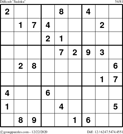 The grouppuzzles.com Difficult Sudoku puzzle for Tuesday December 22, 2020