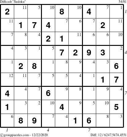 The grouppuzzles.com Difficult Sudoku puzzle for Tuesday December 22, 2020 with all 12 steps marked