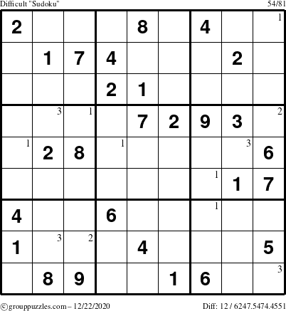 The grouppuzzles.com Difficult Sudoku puzzle for Tuesday December 22, 2020 with the first 3 steps marked