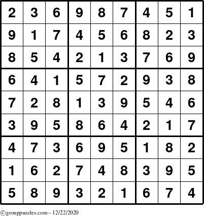 The grouppuzzles.com Answer grid for the Sudoku puzzle for Tuesday December 22, 2020