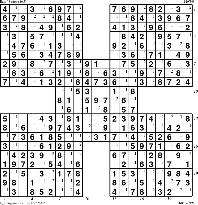 The grouppuzzles.com Easy Sudoku-by5 puzzle for Tuesday December 22, 2020, suitable for printing, with all 3 steps marked