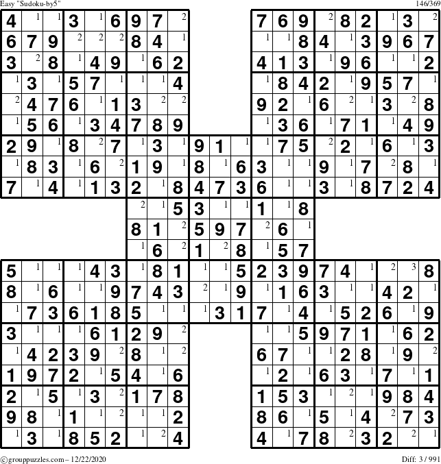 The grouppuzzles.com Easy Sudoku-by5 puzzle for Tuesday December 22, 2020 with the first 3 steps marked