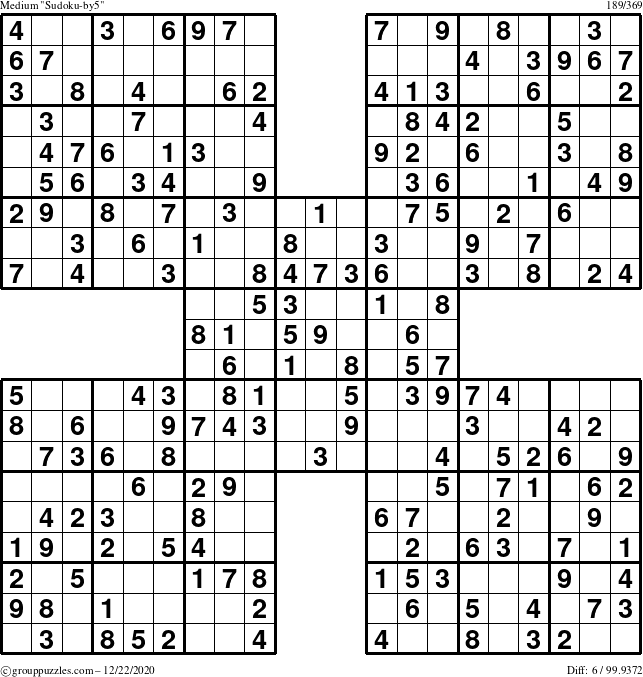 The grouppuzzles.com Medium Sudoku-by5 puzzle for Tuesday December 22, 2020