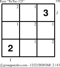 The grouppuzzles.com Easy TicTac-123 puzzle for Tuesday December 22, 2020 with all 2 steps marked