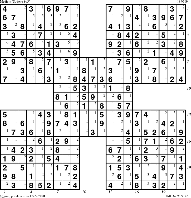 The grouppuzzles.com Medium Sudoku-by5 puzzle for Tuesday December 22, 2020 with all 6 steps marked