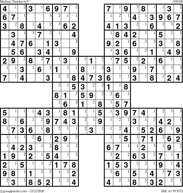 The grouppuzzles.com Medium Sudoku-by5 puzzle for Tuesday December 22, 2020 with the first 3 steps marked