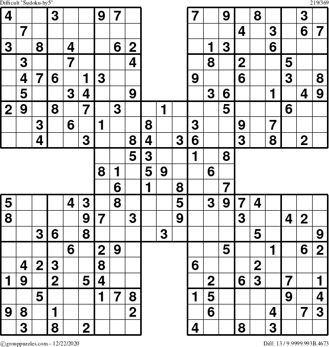 The grouppuzzles.com Difficult Sudoku-by5 puzzle for Tuesday December 22, 2020