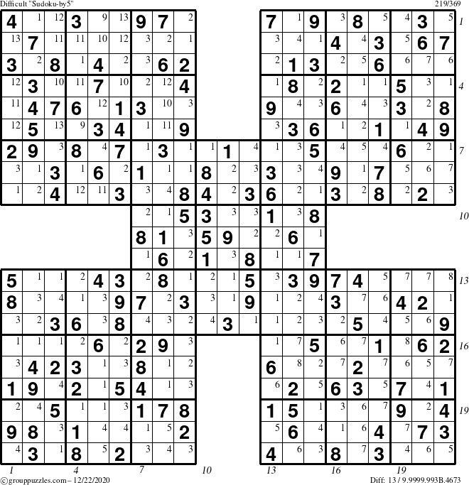 The grouppuzzles.com Difficult Sudoku-by5 puzzle for Tuesday December 22, 2020 with all 13 steps marked