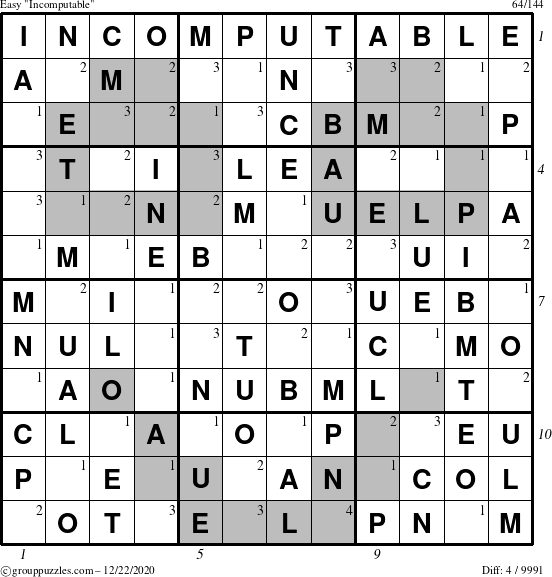 The grouppuzzles.com Easy Incomputable puzzle for Tuesday December 22, 2020, suitable for printing, with all 4 steps marked