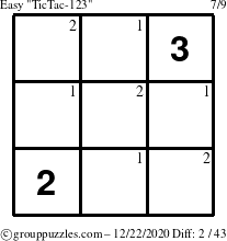 The grouppuzzles.com Easy TicTac-123 puzzle for Tuesday December 22, 2020 with the first 2 steps marked