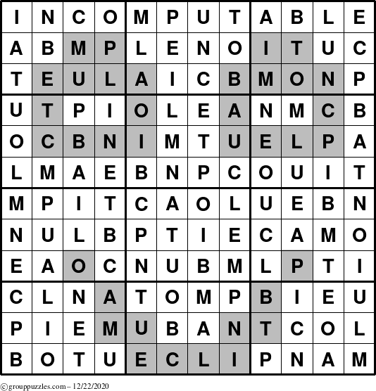 The grouppuzzles.com Answer grid for the Incomputable puzzle for Tuesday December 22, 2020